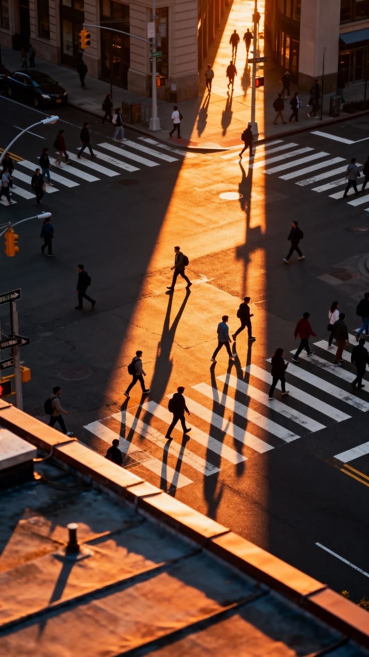 People crossing a city street in golden evening light