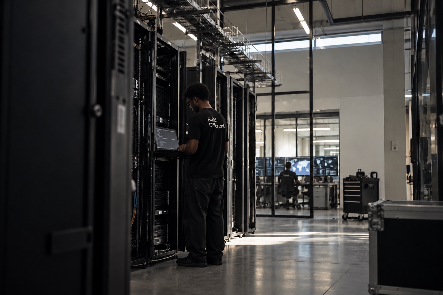A Holeacquisition LLC engineer working on server racks on a data centre floor